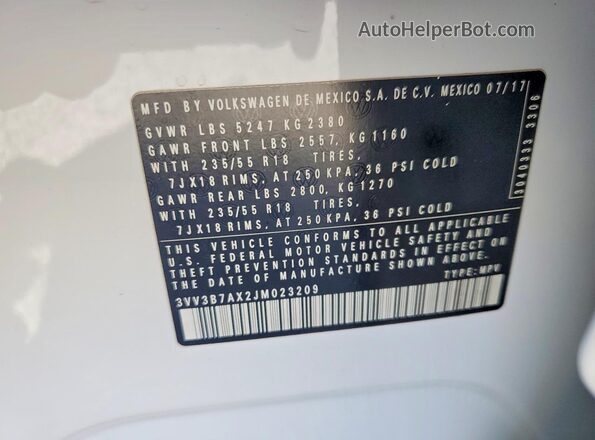 3VV3B7AX2JM023209 2018 VOLKSWAGEN TIGUAN White Вид наклейки з VIN-кодом