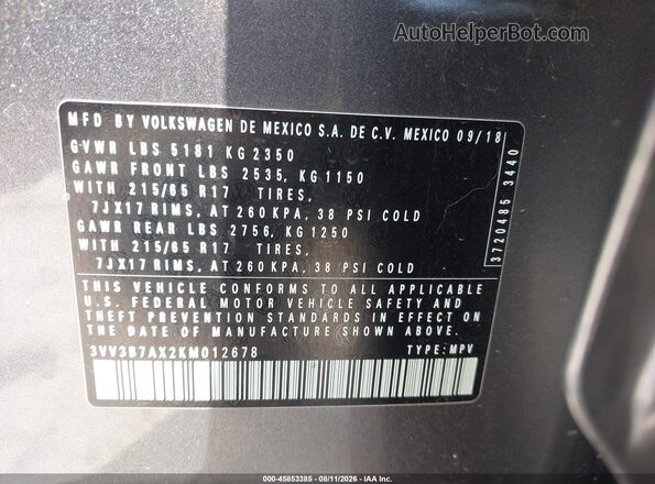 3VV3B7AX2KM012678 2019 VOLKSWAGEN TIGUAN Gray Vista del compartimento del motor