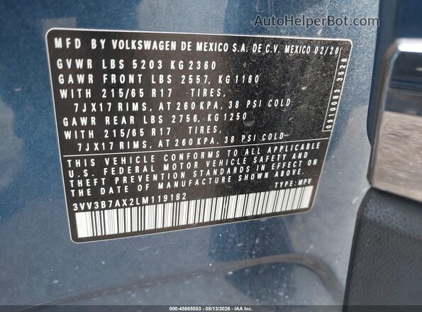 3VV3B7AX2LM119182 2020 VOLKSWAGEN TIGUAN Синий Вид подкапотного пространства