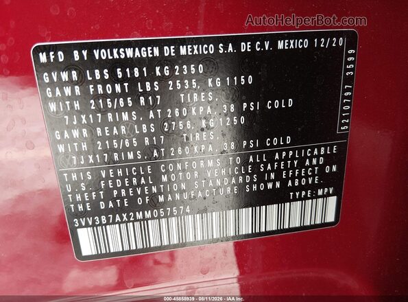 3VV3B7AX2MM057574 2021 VOLKSWAGEN TIGUAN Red Widok komory silnika