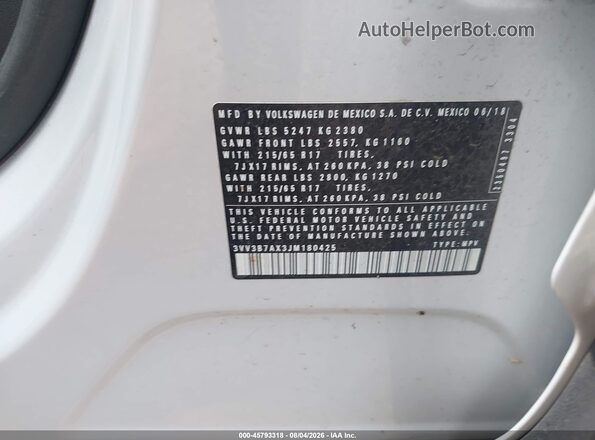3VV3B7AX3JM180425 2018 VOLKSWAGEN TIGUAN White Engine compartment view