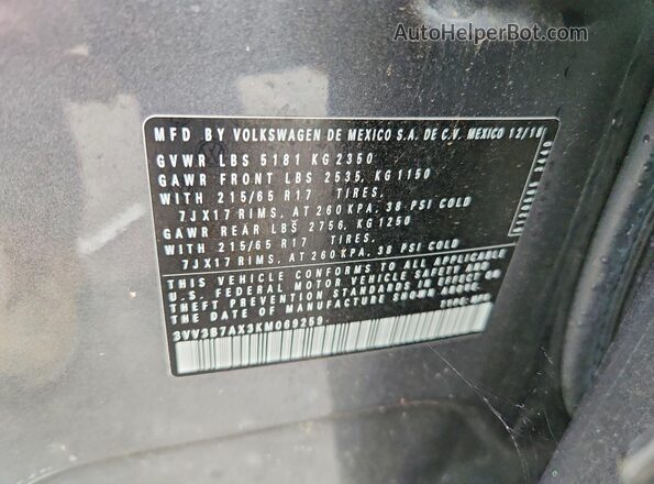 3VV3B7AX3KM069259 2019 VOLKSWAGEN TIGUAN Серый Вид наклейки с VIN-кодом