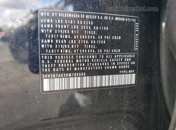 3VV3B7AX3KM185688 2019 VOLKSWAGEN TIGUAN Gray Widok naklejki z numerem VIN