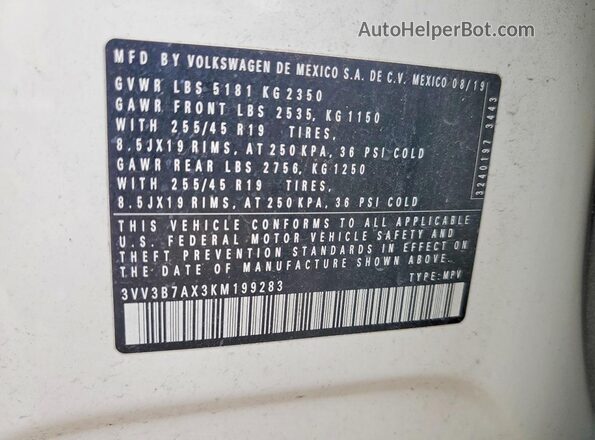 3VV3B7AX3KM199283 2019 VOLKSWAGEN TIGUAN White 360 interior view