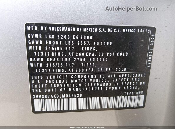 3VV3B7AX3LM045528 2020 VOLKSWAGEN TIGUAN Silver Widok komory silnika