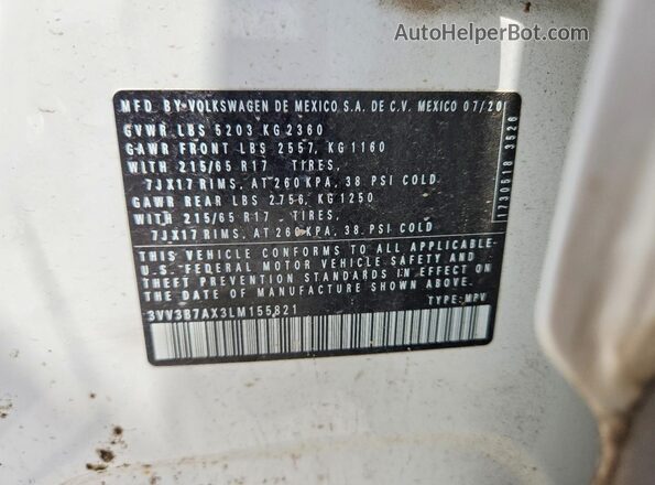 3VV3B7AX3LM155821 2020 VOLKSWAGEN TIGUAN White VIN კოდის სტიკერის ხედი