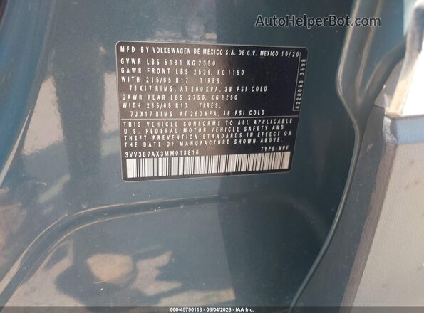 3VV3B7AX3MM018816 2021 VOLKSWAGEN TIGUAN Синий Вид подкапотного пространства