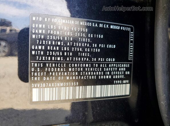 3VV3B7AX3NM091959 2022 VOLKSWAGEN TIGUAN Black Widok wnętrza 360 stopni