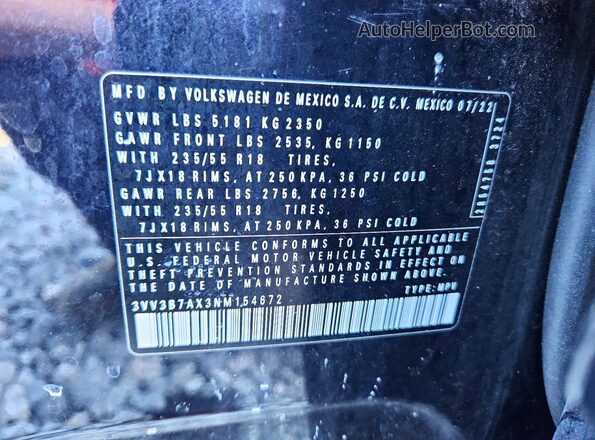 3VV3B7AX3NM154672 2022 VOLKSWAGEN TIGUAN Черный Вид наклейки с VIN-кодом