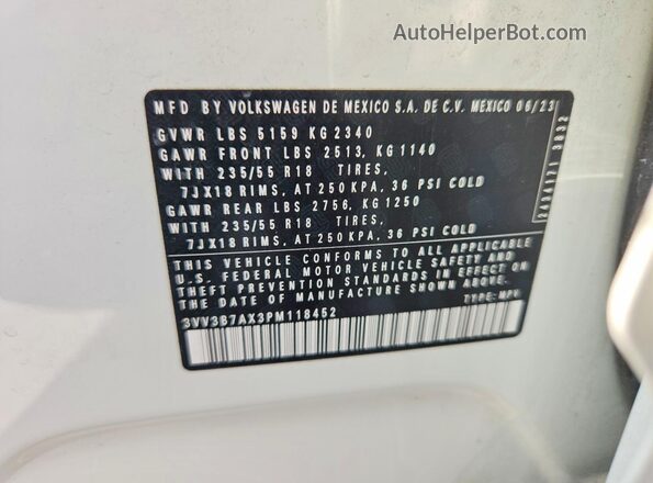 3VV3B7AX3PM118452 2023 VOLKSWAGEN TIGUAN White Vista interior de 360 grados