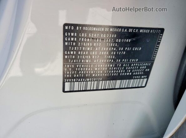 3VV3B7AX4JM020120 2018 VOLKSWAGEN TIGUAN White Widok naklejki z numerem VIN