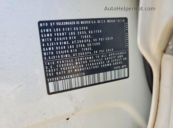 3VV3B7AX4KM030776 2019 VOLKSWAGEN TIGUAN White VIN կոդի պիտակի տեսք