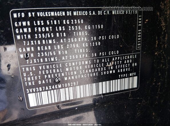 3VV3B7AX4KM109297 2019 VOLKSWAGEN TIGUAN Black Vista del compartimento del motor