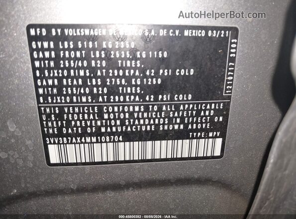 3VV3B7AX4MM108704 2021 VOLKSWAGEN TIGUAN Серый Вид подкапотного пространства