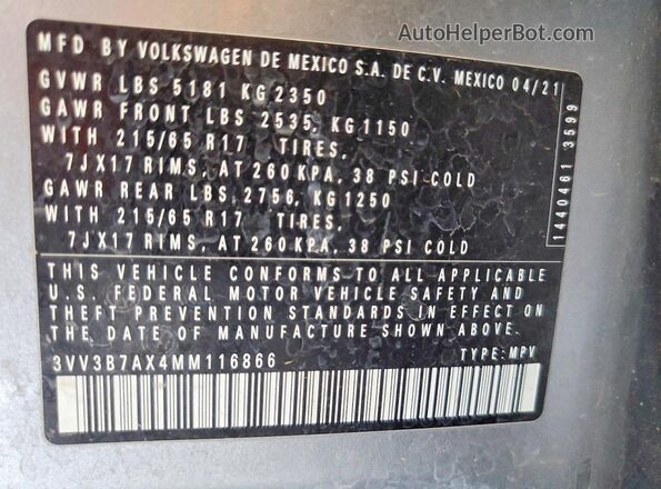 3VV3B7AX4MM116866 2021 VOLKSWAGEN TIGUAN Silver 360 interior view