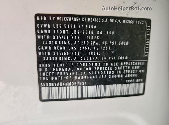 3VV3B7AX4NM057934 2022 VOLKSWAGEN TIGUAN White VIN კოდის სტიკერის ხედი