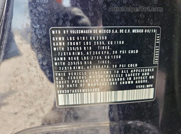 3VV3B7AX5KM005868 2019 VOLKSWAGEN TIGUAN Black VIN კოდის სტიკერის ხედი