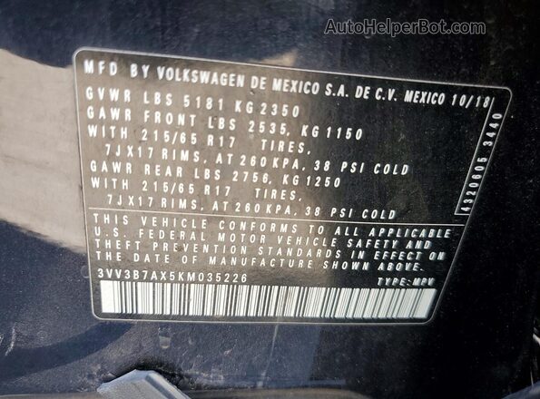 3VV3B7AX5KM035226 2019 VOLKSWAGEN TIGUAN Black Vista de la etiqueta del VIN