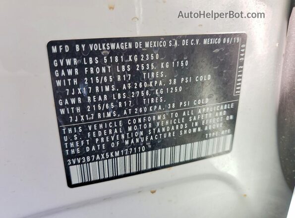 3VV3B7AX5KM177110 2019 VOLKSWAGEN TIGUAN Белый Вид наклейки с VIN-кодом
