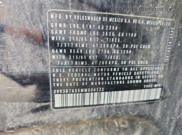 3VV3B7AX5MM004173 2021 VOLKSWAGEN TIGUAN Black VIN sticker view