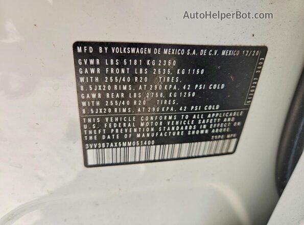 3VV3B7AX5MM051400 2021 VOLKSWAGEN TIGUAN Белый Вид наклейки с VIN-кодом