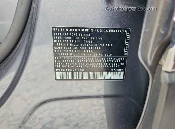 3VV3B7AX6JM017008 2018 VOLKSWAGEN TIGUAN Gray Вид наклейки з VIN-кодом