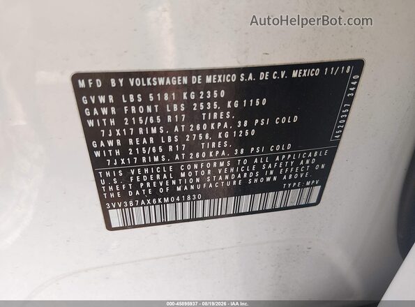3VV3B7AX6KM041830 2019 VOLKSWAGEN TIGUAN White Շարժիչի բաժամունքի տեսք
