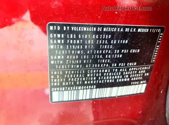 3VV3B7AX6KM044940 2019 VOLKSWAGEN TIGUAN Бордовый Вид подкапотного пространства