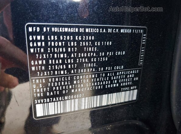 3VV3B7AX6LM064607 2020 VOLKSWAGEN TIGUAN Black სალონის 360-გრადუსიანი ხედი