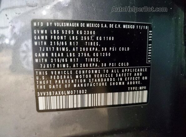 3VV3B7AX6LM071802 2020 VOLKSWAGEN TIGUAN Gray VIN կոդի պիտակի տեսք