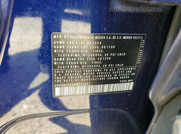3VV3B7AX6NM018651 2022 VOLKSWAGEN TIGUAN Blue VIN კოდის სტიკერის ხედი