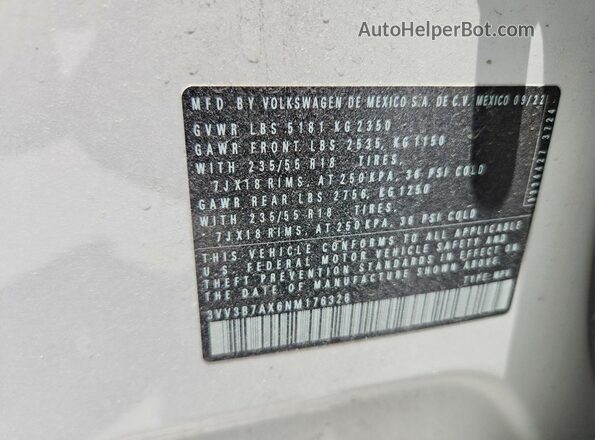3VV3B7AX6NM176326 2022 VOLKSWAGEN TIGUAN White VIN კოდის სტიკერის ხედი