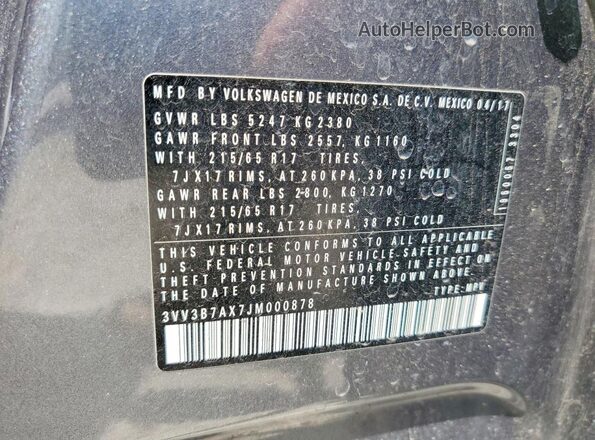 3VV3B7AX7JM000878 2018 VOLKSWAGEN TIGUAN Gray Vista del compartimento del motor