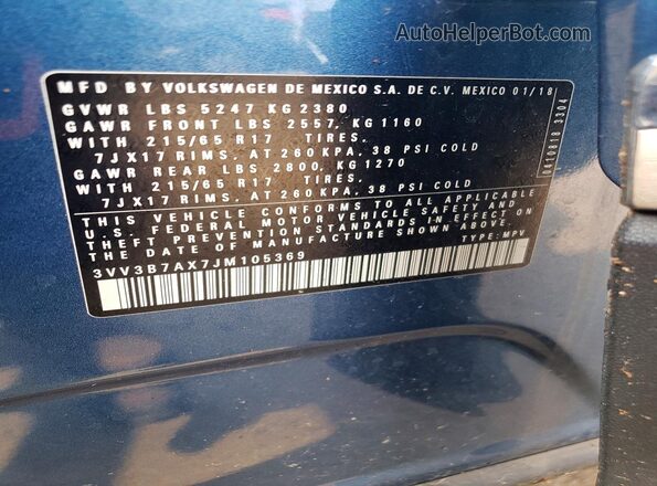 3VV3B7AX7JM105369 2018 VOLKSWAGEN TIGUAN Blue Widok naklejki z numerem VIN