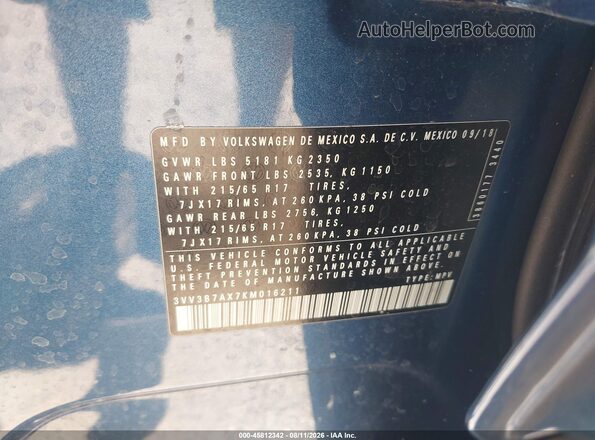 3VV3B7AX7KM016211 2019 VOLKSWAGEN TIGUAN Blue Շարժիչի բաժամունքի տեսք