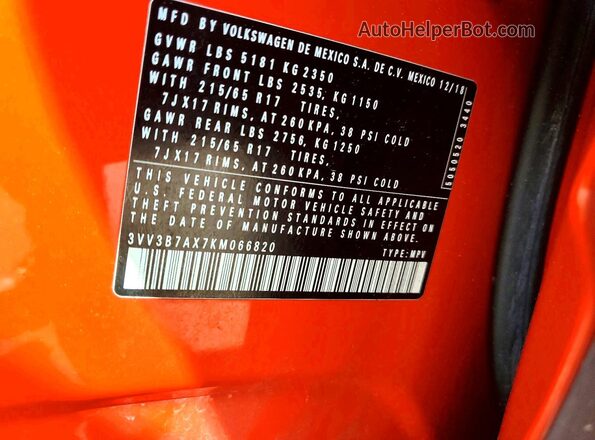 3VV3B7AX7KM066820 2019 VOLKSWAGEN TIGUAN Orange Vista de la etiqueta del VIN