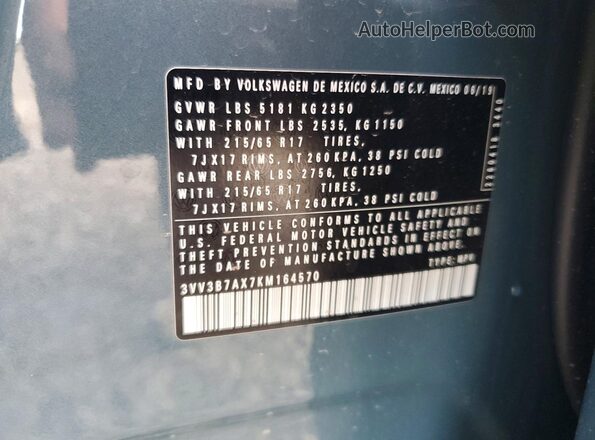 3VV3B7AX7KM164570 2019 VOLKSWAGEN TIGUAN Green VIN կոդի պիտակի տեսք