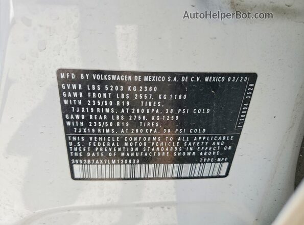 3VV3B7AX7LM130839 2020 VOLKSWAGEN TIGUAN White VIN sticker view