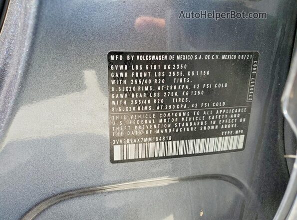 3VV3B7AX7MM154818 2021 VOLKSWAGEN TIGUAN Gray Vista del compartimento del motor