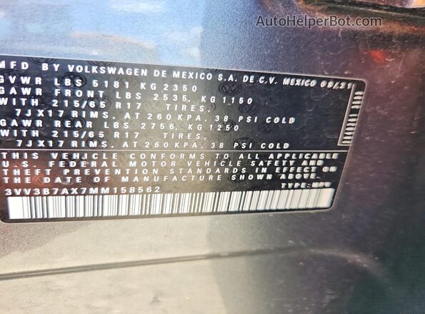 3VV3B7AX7MM158562 2021 VOLKSWAGEN TIGUAN Charcoal Вид наклейки з VIN-кодом
