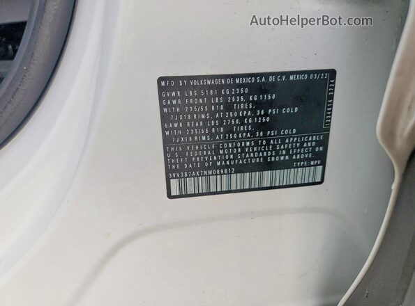 3VV3B7AX7NM089812 2022 VOLKSWAGEN TIGUAN White VIN sticker view