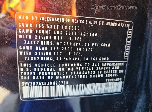 3VV3B7AX8JM020735 2018 VOLKSWAGEN TIGUAN Black Вид наклейки з VIN-кодом