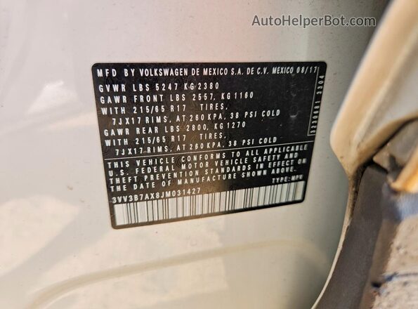 3VV3B7AX8JM031427 2018 VOLKSWAGEN TIGUAN White Vista de la etiqueta del VIN