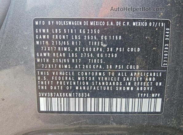 3VV3B7AX8KM178834 2019 VOLKSWAGEN TIGUAN Gray Vista de la etiqueta del VIN