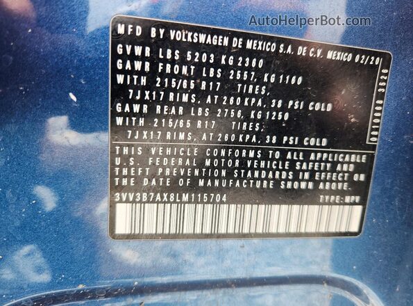 3VV3B7AX8LM115704 2020 VOLKSWAGEN TIGUAN Blue 360 interior view
