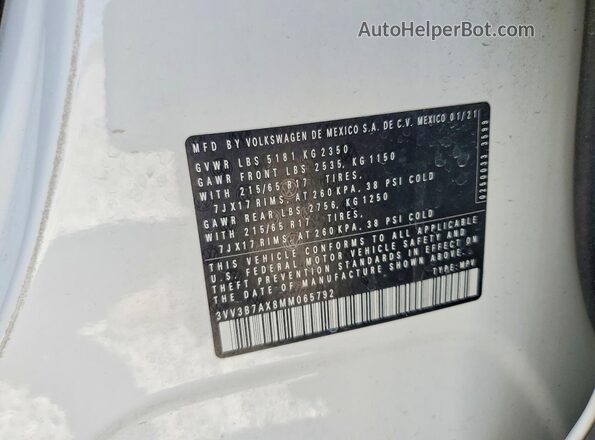 3VV3B7AX8MM065792 2021 VOLKSWAGEN TIGUAN White VIN კოდის სტიკერის ხედი
