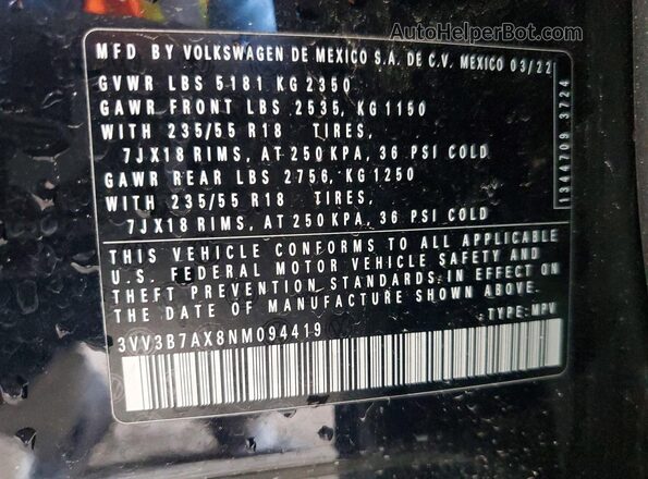 3VV3B7AX8NM094419 2022 VOLKSWAGEN TIGUAN Black Widok wnętrza 360 stopni