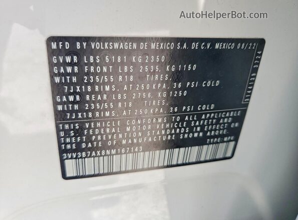 3VV3B7AX8NM167143 2022 VOLKSWAGEN TIGUAN White Widok naklejki z numerem VIN