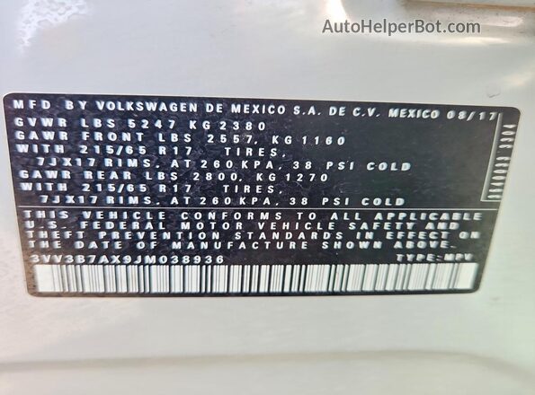 3VV3B7AX9JM038936 2018 VOLKSWAGEN TIGUAN White Widok naklejki z numerem VIN