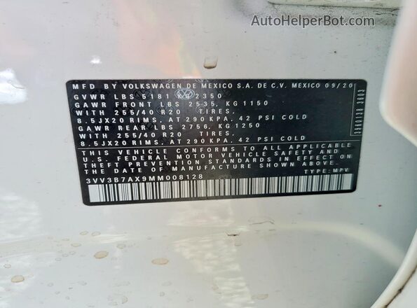 3VV3B7AX9MM008128 2021 VOLKSWAGEN TIGUAN White Vista de la etiqueta del VIN
